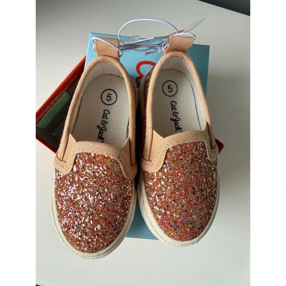 Cat & Jack Glitter Sneakers Toddler Size 5 Rose Gold Pink NWT Slip‎ On Sparkle
